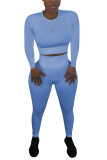 Baby Blue Fashion Sexy Adult Polyester Solid Split Joint O Neck Long Sleeve Regular Sleeve Regular Two Pieces