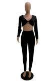Grey Casual Solid Split Joint V Neck Long Sleeve Two Pieces