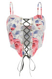 Rose Sexy Print Hollowed Out Frenulum Backless Spaghetti Strap Mid Waist Tops