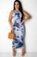 Blue Polyester Sexy Fashion Tank Sleeveless O neck Asymmetrical Ankle-Length Patchwork backless Print asy