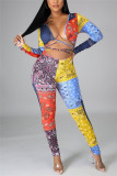 Multi Fashion Sexy V Neck Long Sleeve Regular Sleeve Skinny Print Jumpsuits
