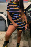 Black Fashion Casual Striped Print Basic O Neck Short Sleeve Two Pieces