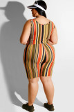 Red Polyester Sexy Slip Two Piece Suits Striped Print Stripe