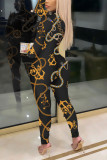Black Sexy Print Bandage Mandarin Collar Skinny Jumpsuits