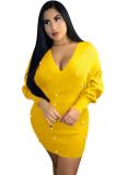 Red Fashion adult Casual Cap Sleeve Long Sleeves V Neck Step Skirt Mini Patchwork Solid Beadin