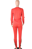 Red Casual Leopard Patchwork O Neck Long Sleeve Two Pieces