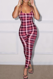 Pink Casual Plaid Draw String Spaghetti Strap Skinny Jumpsuits