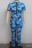 Blue Fashion Sexy adult Ma'am Camouflage Two Piece Suits pencil Short Sleeve Two Pieces