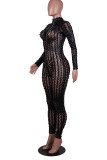 Silver Solid Ripped Hollowed Out See-through O Neck Regular Jumpsuits