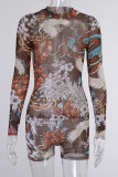 Brown Elegant Print O Neck Regular Rompers