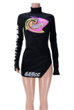 Black Sexy Print Slit Half A Turtleneck Dresses
