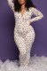 White Casual Living Print Patchwork V Neck Regular Jumpsuits