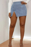 Light Blue Denim Button Fly Mid Patchwork Solid pencil shorts Bottoms