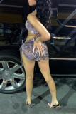 Grey Fashion Sexy Print See-through Backless Strap Design Halter Sleeveless Two Pieces