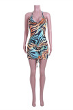 Gold Fashion Sexy Print Backless Strap Design V Neck Sling Dress