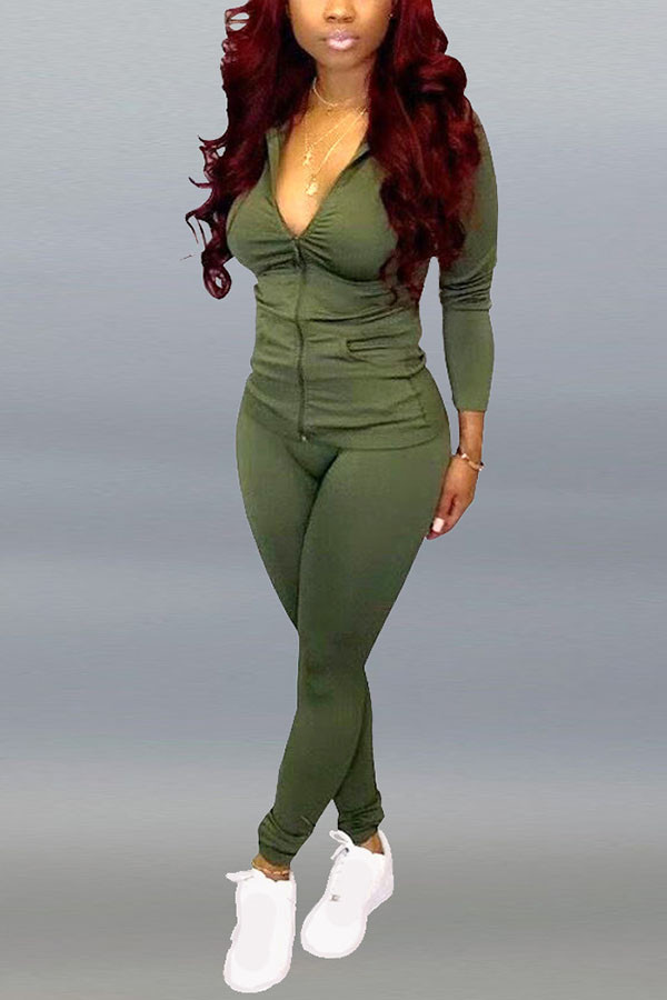 Army Green Fashion adult Ma'am OL Solid Two Piece Suits pencil Long Sleeve Two Pieces