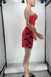 Red Sexy Print Patchwork Spaghetti Strap Sleeveless Two Pieces
