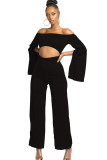 Black Sexy Patchwork Solid Ruffled Polyester Long Sleeve one word collar Jumpsuits