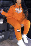 Orange Casual Sportswear Print Patchwork Hooded Collar Long Sleeve Two Pieces