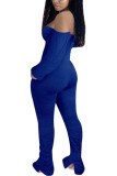 Blue Fashion Sexy Adult Polyester Solid Split Joint Bateau Neck Skinny Jumpsuits