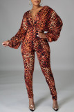 Leopard Print Fashion Sexy Leopard Backless V Neck Regular Jumpsuits