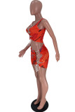 Red Letter Print Bandage Patchwork Spaghetti Strap Sleeveless Two Pieces