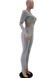 Grey Casual Solid Split Joint U Neck Long Sleeve Two Pieces