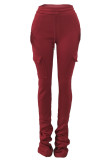 Wine Red Casual Solid Pocket Fold Boot Cut Patchwork Bottoms