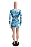 Blue Fashion Sexy Print Strap Design V Neck Long Sleeve Two Pieces