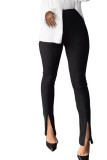 White Black Pink Elastic Fly Mid Solid Boot Cut Pants Bottoms