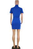 Blue Casual Short Sleeves Mandarin Collar Step Skirt Mini Print Patchwork chain Dresses