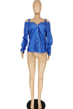 Blue Fashion Sexy Adult Polyester Striped Cardigan V Neck Tops