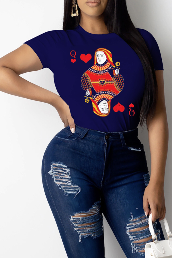 Navy Blue Casual Print Patchwork O Neck Tops
