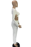 White Work Daily Solid Patchwork O Neck Long Sleeve Two Pieces