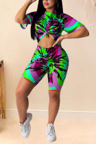 Purple and green Polyester Fashion Casual adult Patchwork Print Two Piece Suits Straight Short Sleeve Two Pieces