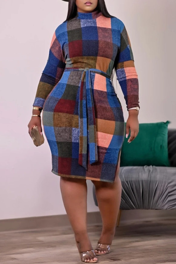 Blue Fashion Casual Plaid Print With Belt Half A Turtleneck Long Sleeve Dresses