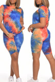 Blue Polyester Fashion Street Print Tie Dye Two Piece Suits Straight Short Sleeve Two Pieces