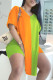 Orange Green Fashion Casual Patchwork Basic V Neck Short Sleeve Two Pieces