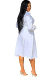 White Casual Shirt sleeves Long Sleeves Notched Step Skirt Mid-Calf Patchwork Solid