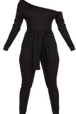 Black Sexy Solid Long Sleeve one shoulder collar Jumpsuits