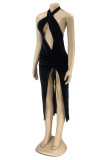 Red Fashion Sexy Solid Hollowed Out Backless Slit Halter Sleeveless Dress