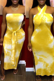 Yellow Sexy Patchwork Tie-dye Slit Strapless Pencil Skirt Dresses