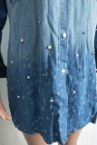 Light Blue Sweet Long Sleeves Turndown Collar Asymmetrical skirt Ombre hole Rivet Beading Dresses