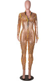 Silver Solid Ripped Hollowed Out See-through O Neck Regular Jumpsuits