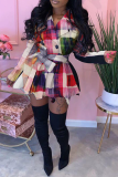 Red Sexy Patchwork With Belt Turndown Collar Irregular Dress Dresses