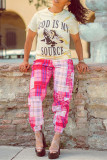 Pink Fashion Casual Plaid Print Basic Regular Mid Waist Trousers