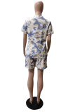 Blue Casual Camouflage Print Patchwork V Neck Plus Size Two Pieces