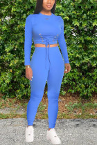 Blue Polyester Casual Solid Straight Long Sleeve Two Pieces