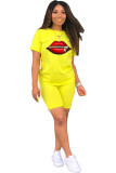 Fluorescent green Fashion Casual adult Ma'am Print Two Piece Suits Lips Print Straight Short Sleeve Two Pieces