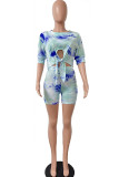 Blue Fashion Sexy adult Ma'am Print Tie Dye Two Piece Suits Straight Half Sleeve Two Pieces